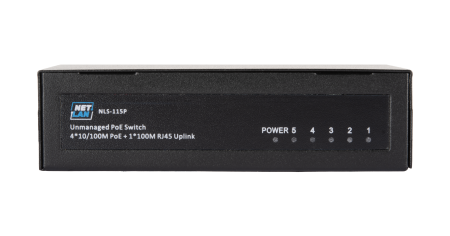 Коммутатор NETLAN, неуправляемый, 4*10/100Мбит/с PoE (af/at), 1*100Мбит/с RJ45, 1* DC52V/0.92A, PoE бюджет 48W