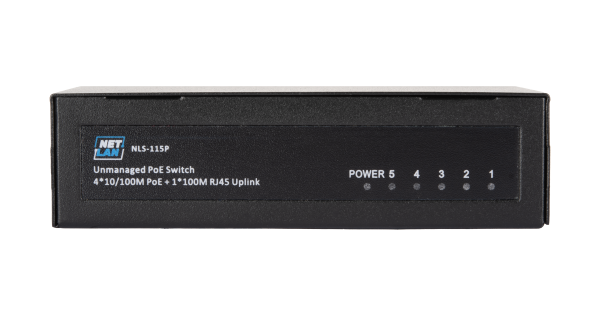 Коммутатор NETLAN, неуправляемый, 4*10/100Мбит/с PoE (af/at), 1*100Мбит/с RJ45, 1* DC52V/0.92A, PoE бюджет 48W