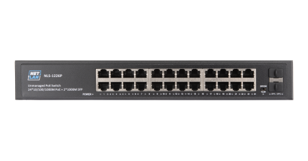 Коммутатор NETLAN, неуправляемый, 24*10/100/1000Мбит/с PoE (af/at), 2*10/100/1000Мбит/с SFP, DC52V/6.1A, PoE бюджет 320W
