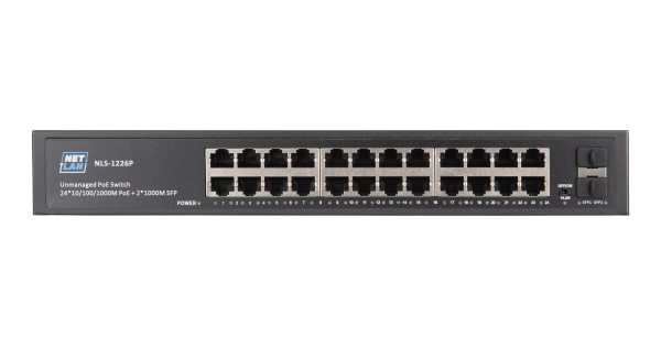 Коммутатор NETLAN, неуправляемый, 24*10/100/1000Мбит/с PoE (af/at), 2*10/100/1000Мбит/с SFP, DC52V/6.1A, PoE бюджет 320W