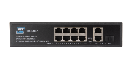 Коммутатор NETLAN, неуправляемый, 8*10/100Мбит/с PoE (af/at), 2*100Мбит/с RJ45, DC 52V/2.3A, PoE бюджет 120W